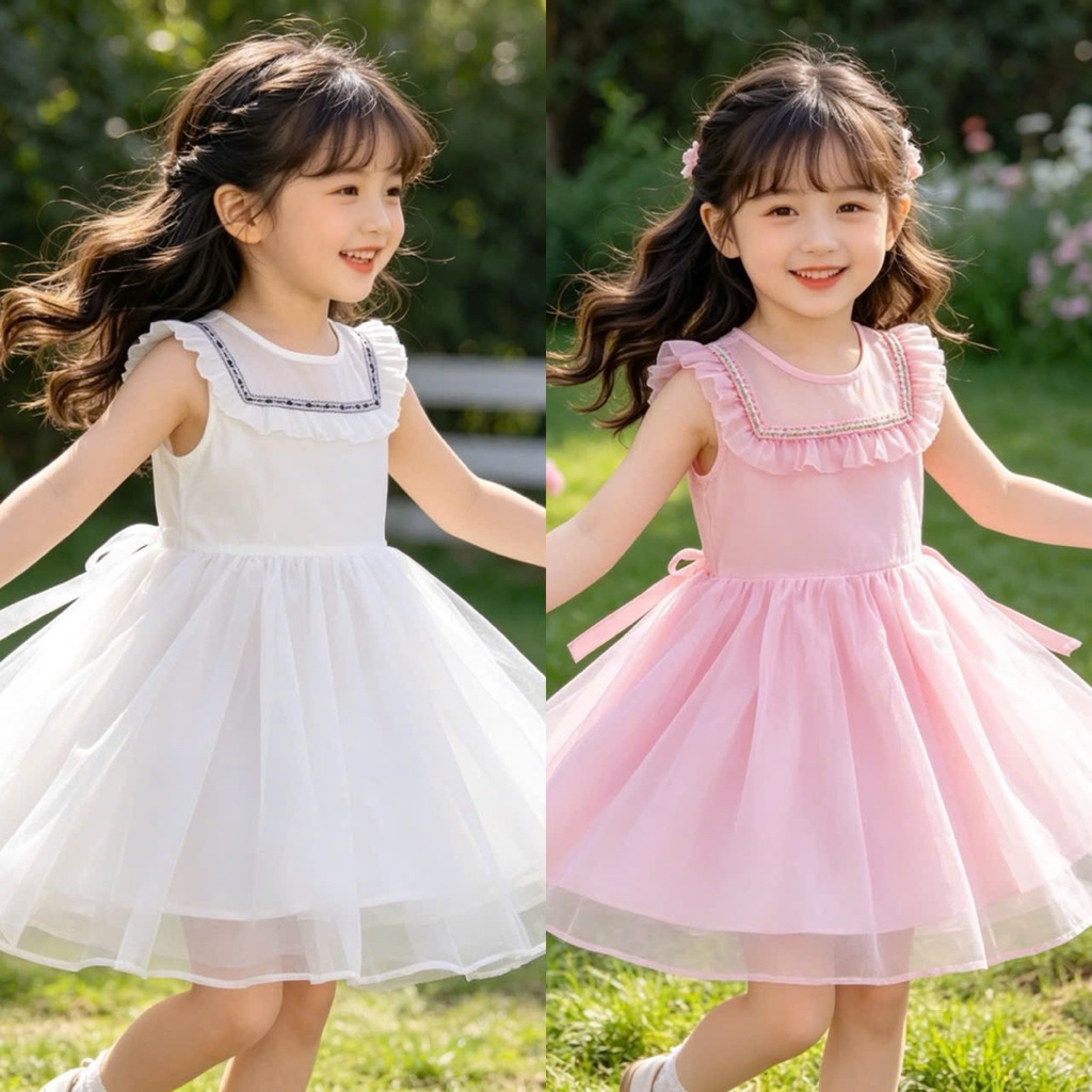 Váy Bé Gái Sát Nách Xuất Dư F0064 – Đầm 2 Lớp Xinh Xắn, Size 4–9Y (15–33kg)