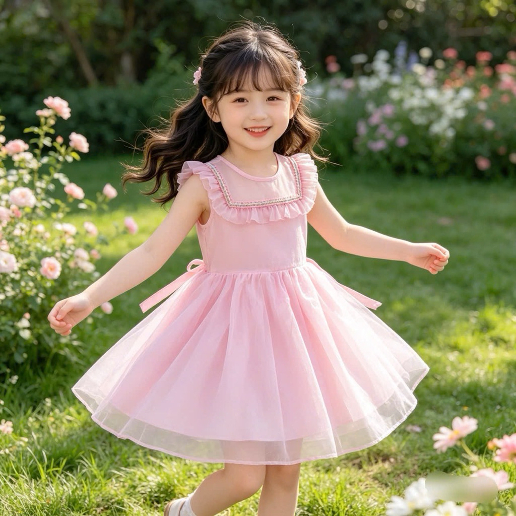 Váy Bé Gái Sát Nách Xuất Dư F0064 – Đầm 2 Lớp Xinh Xắn, Size 4–9Y (15–33kg)