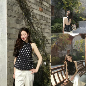 𝑺𝒔𝒖.𝑺𝒕𝒖𝒅𝒊𝒐[CÓ SẴN] ÁO YẾM HỞ LƯNG CHẤM BI MÀU XANH THAN FREESZ DƯỚI 55kg