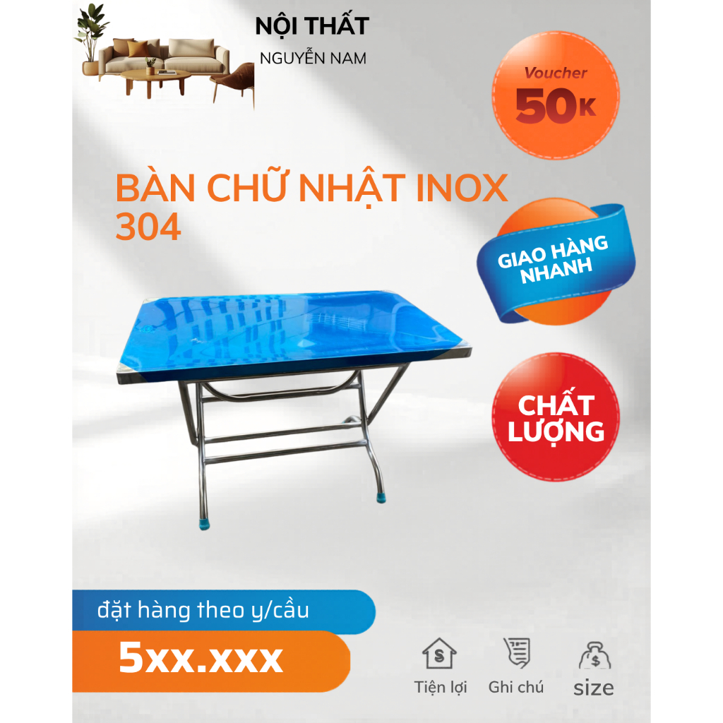 Bàn inox 304 chữ nhật xếp gọn Đủ Kích thước- Chắc Chắn - Tiện Lợi