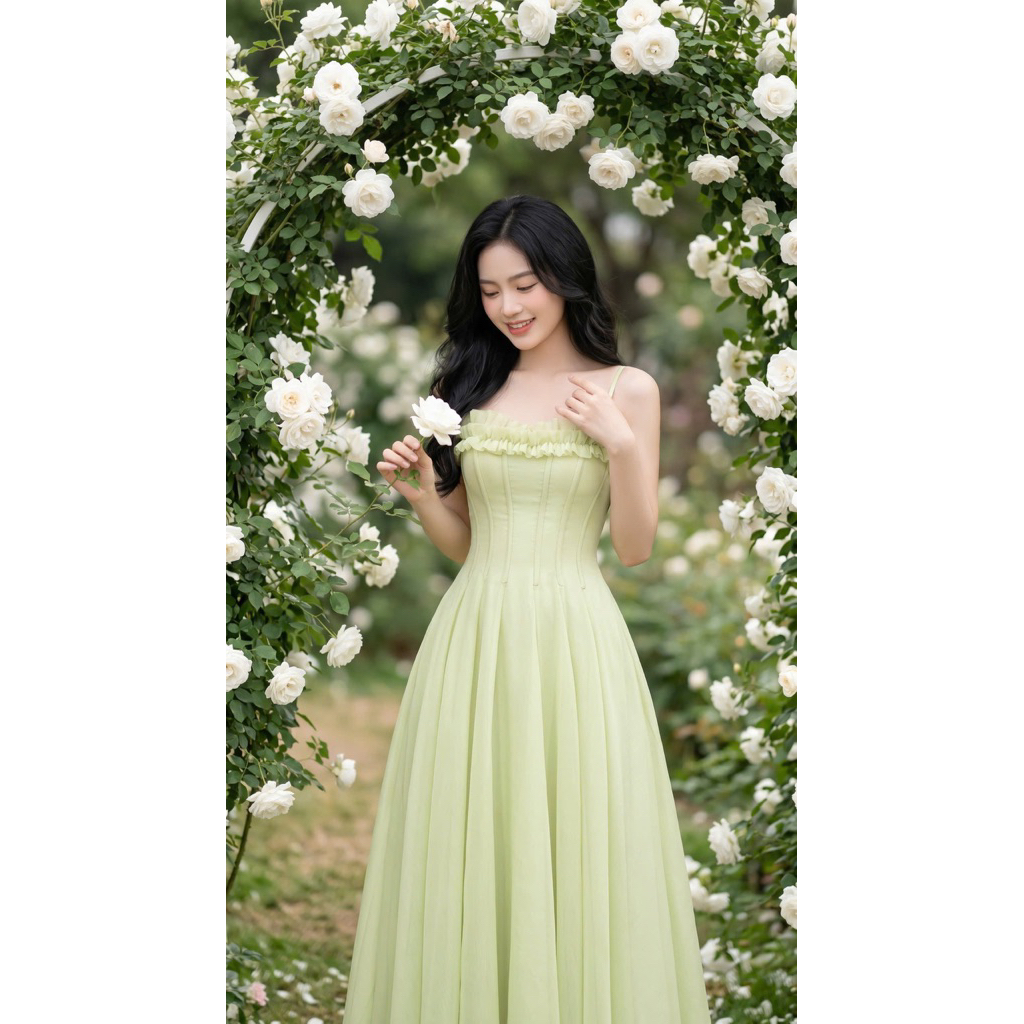 Đầm maxi tơ nhún ngực dáng xòe bồng 2 dây, tôn dáng dự tiệc dạo biển -PUSU HOUSE