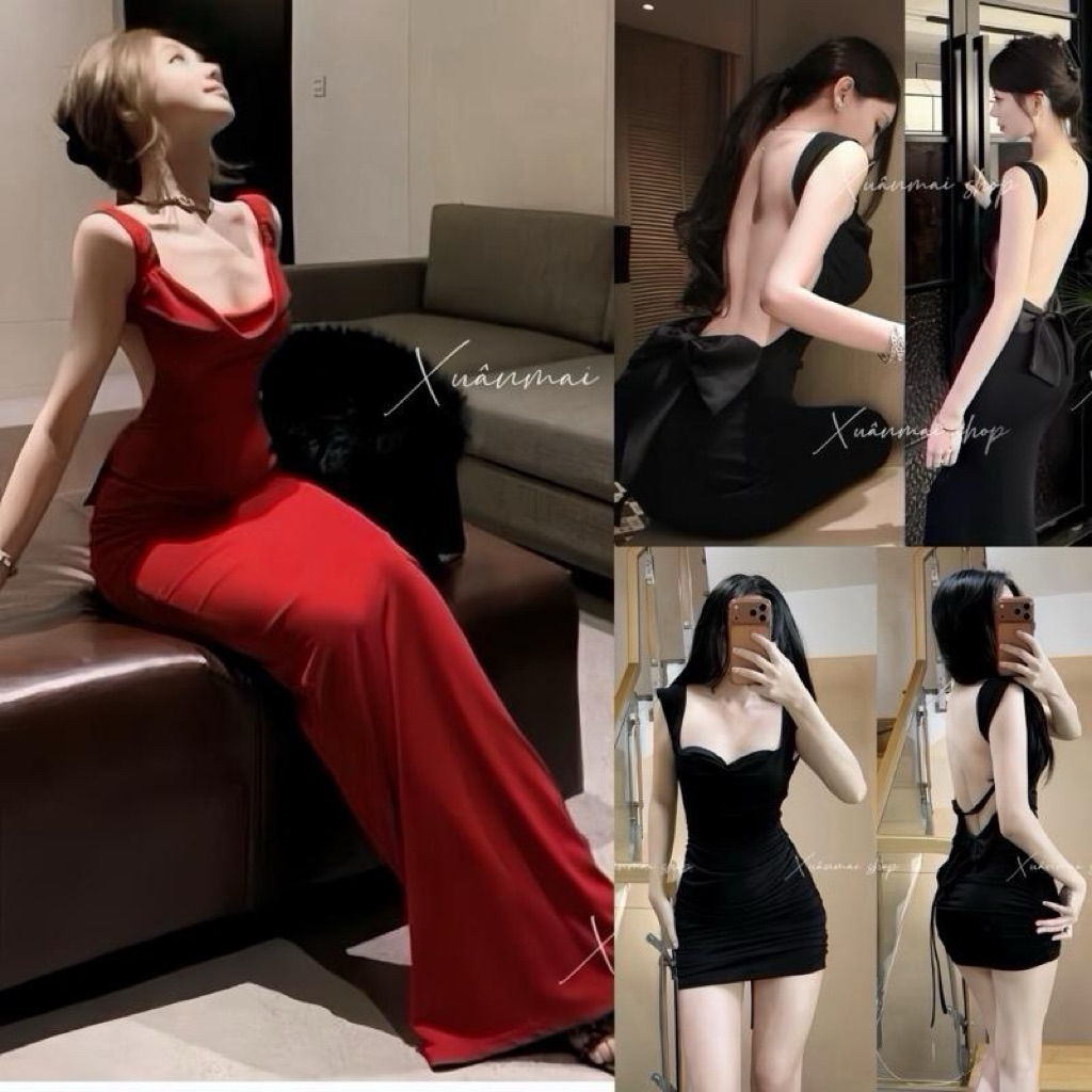 Đầm dây ôm NƠ SAU HỞ LƯNG đệm mút nơ sau hở lưng dáng dài và ngắn chất Ladong Xuân Mai s