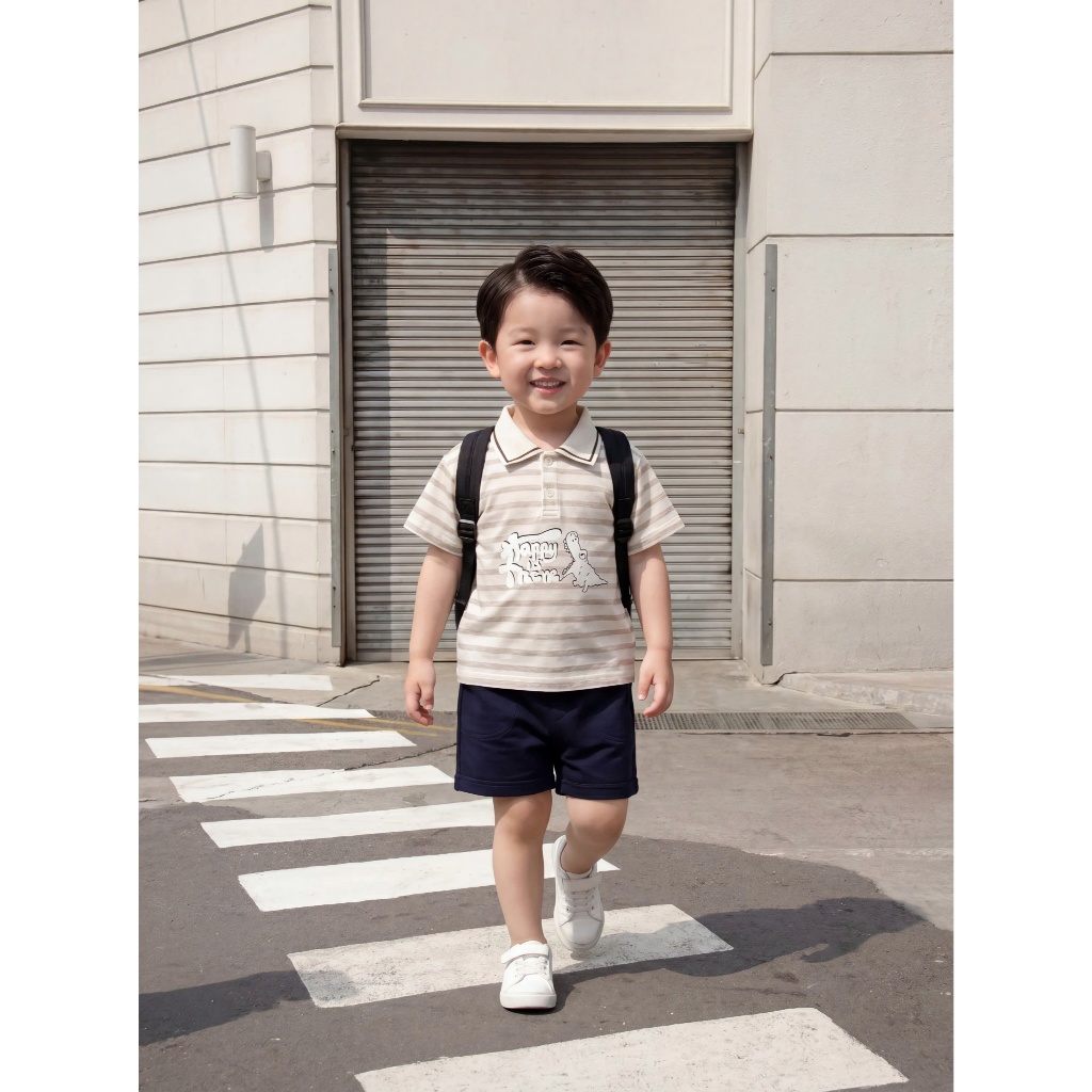 Set bộ polo cộc tay bé trai Miniumbaby in hình thú chibi dễ thương, chất cotton mềm, co giãn SB2601