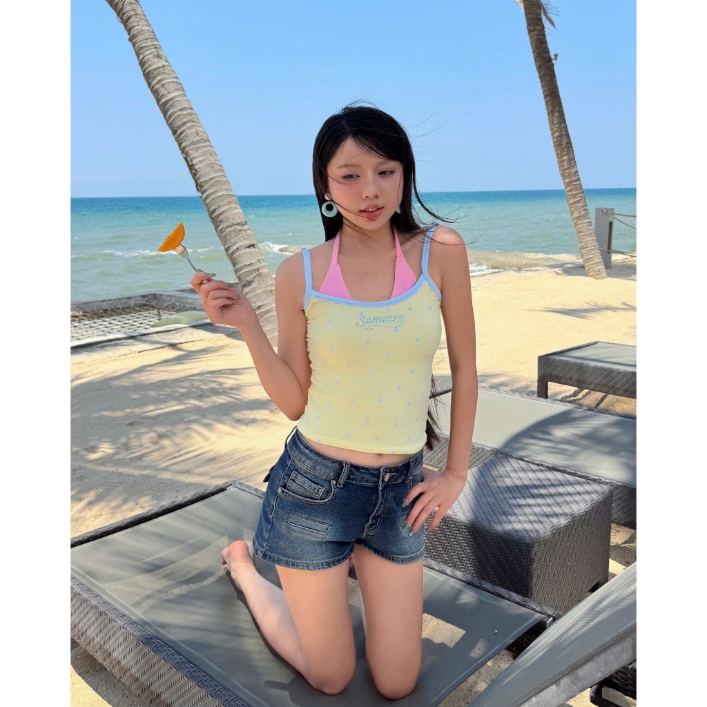 Calem.Club - Áo 2 dây nữ Bling Top chữ summer đính đá, in ngôi sao, có dây buộc cổ, form ôm co giãn, style Y2K Hàn Quốc