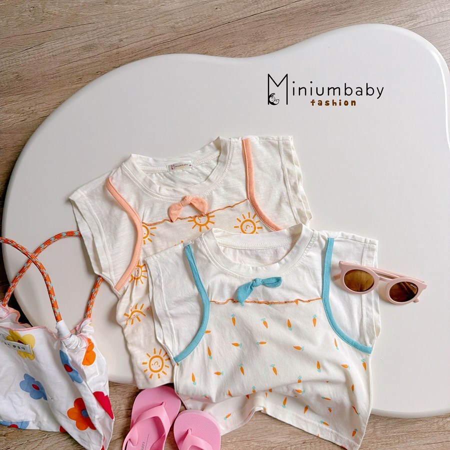 Set bộ cộc tay bé gái hoạ tiết may viền đính nơ Miniumbaby, chất cotton mềm mại, thoáng mát SB2761