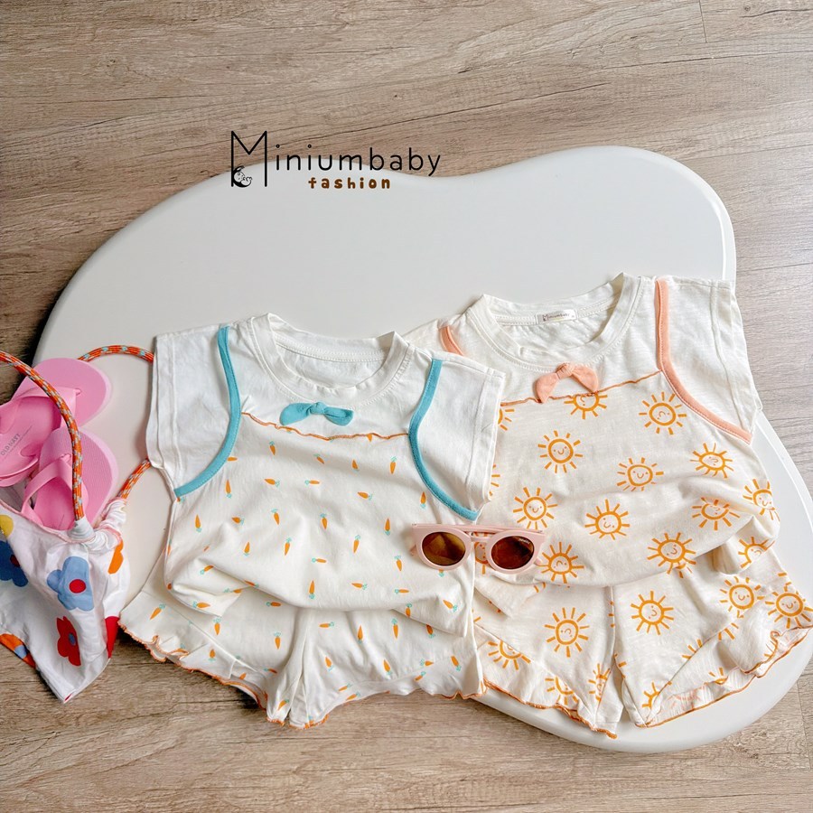 Set bộ cộc tay bé gái hoạ tiết may viền đính nơ Miniumbaby, chất cotton mềm mại, thoáng mát SB2761