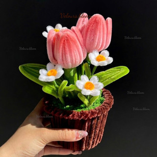 Chậu 2 Hoa Tulip Màu Hồng Nhạt Mix Hoa Cúc Trắng Kẽm Nhung Velours.bloom – Handmade Cho Góc Làm Việc Decor