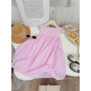 AZB631 Đầm bé gái sọc kẻ pastel dáng xoè cotton mát – Váy hè có túi 2-10 tuổi