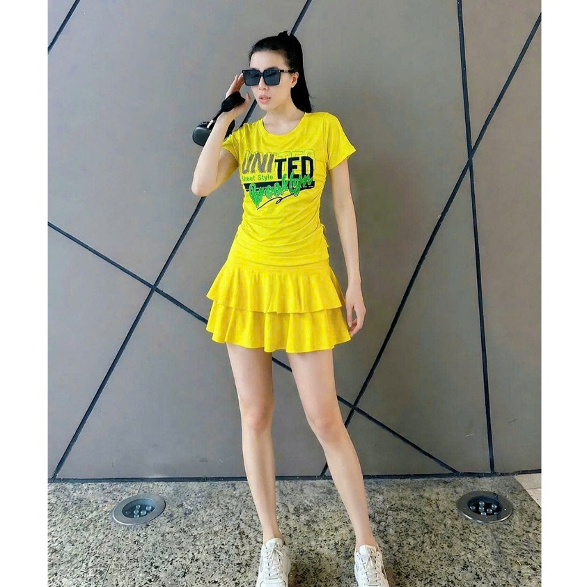 Bộ croptop váy xoè đơn giản dễ mặc kín đáo tập aerobic, đi bơi, nhảy shuffler dance,...