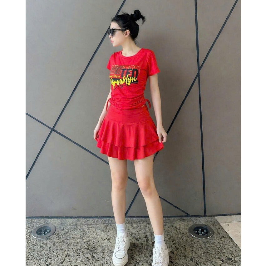 Bộ croptop váy xoè đơn giản dễ mặc kín đáo tập aerobic, đi bơi, nhảy shuffler dance,...
