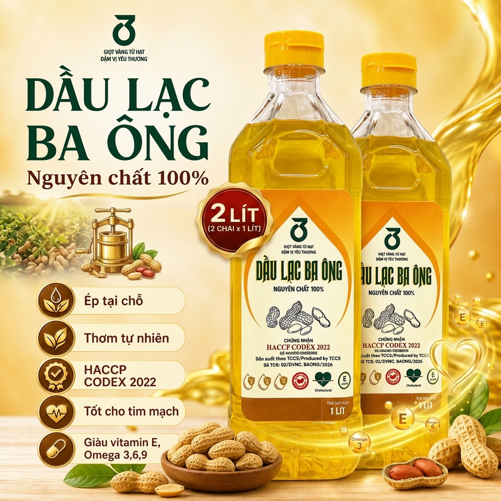 2L Dầu Lạc Nguyên Chất/ Đậu Phộng Nguyên Chất Ba Ông, Đạt Chứng Nhận HACCP Codex 2022, Không Chất Bảo Quản