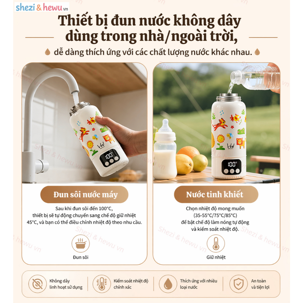 “Hewu & shezi hoạt hình” đun sôi 100 độ bằng pin - giữ nhiệt ổn định, nhỏ gọn, dễ mang theo