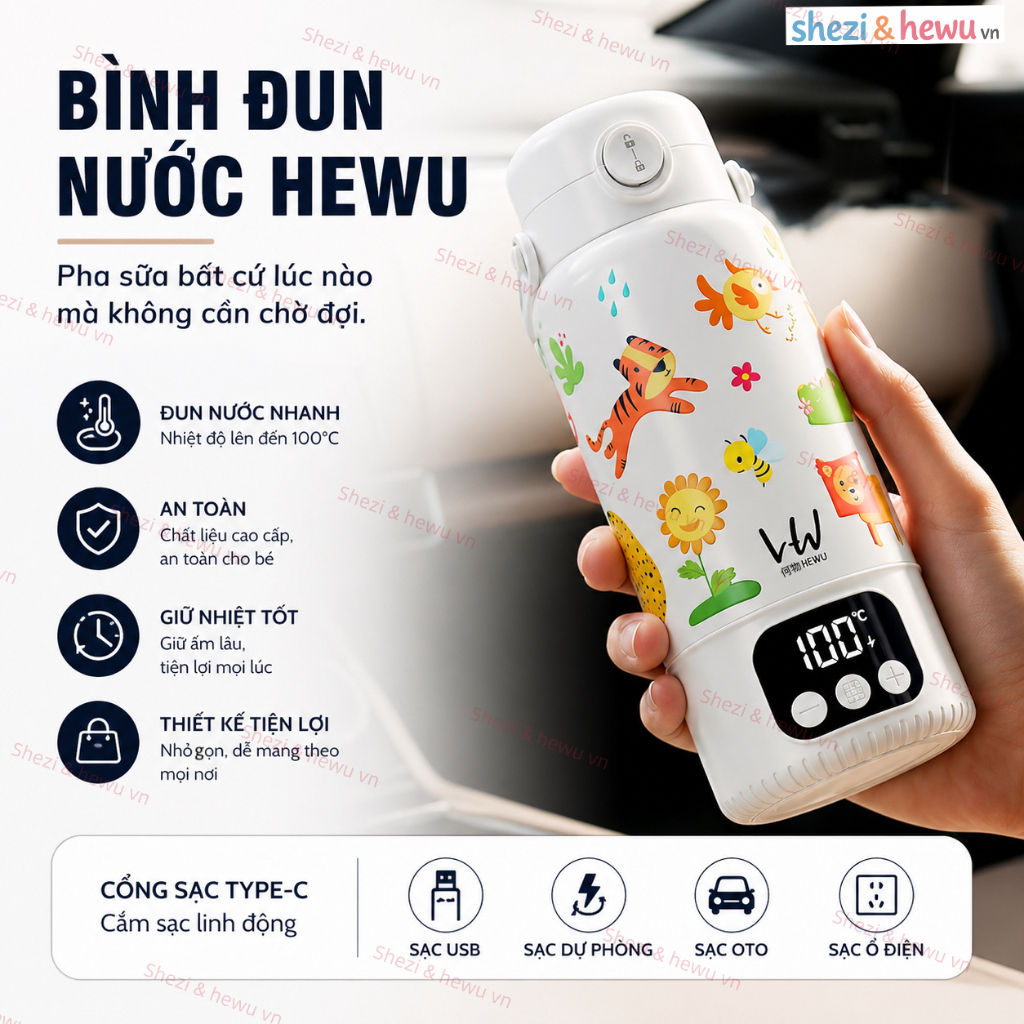 “Hewu & shezi hoạt hình” đun sôi 100 độ bằng pin - giữ nhiệt ổn định, nhỏ gọn, dễ mang theo