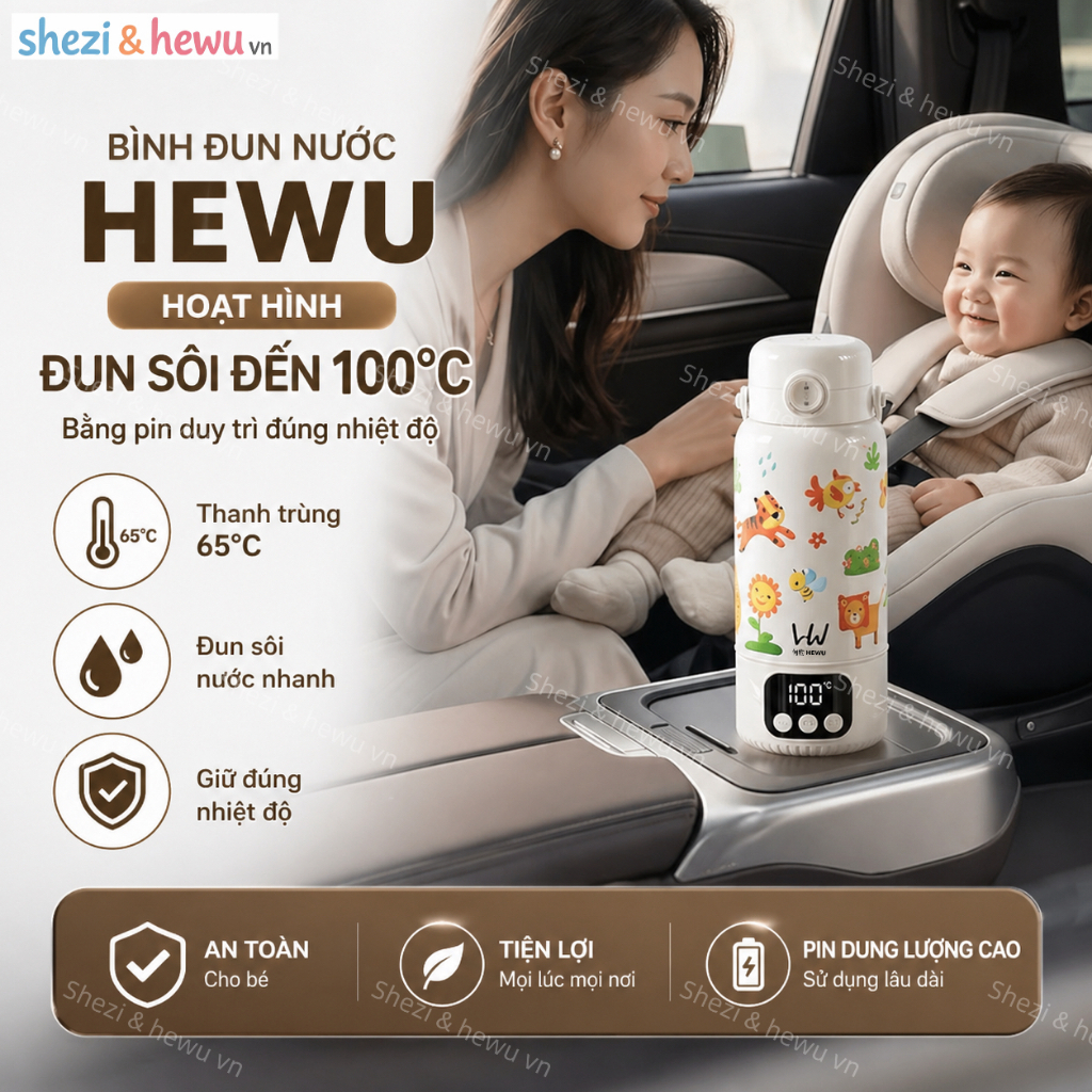 “Hewu & shezi hoạt hình” đun sôi 100 độ bằng pin - giữ nhiệt ổn định, nhỏ gọn, dễ mang theo