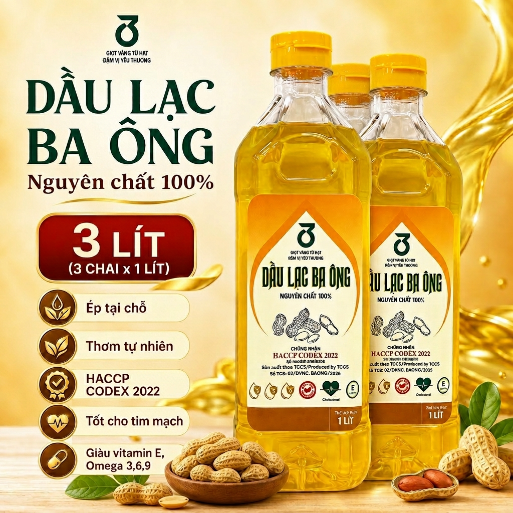 3L Dầu Lạc Nguyên Chất 100%/ Đậu Phộng Nguyên Chất Ba Ông, Đạt Chứng Nhận HACCP Codex 2022, Không Chất Bảo Quản
