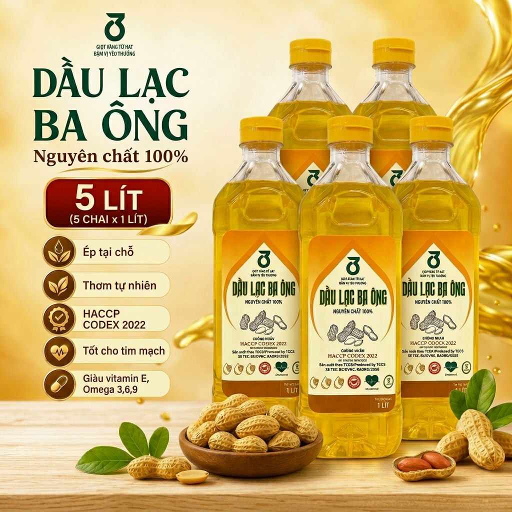 5L Dầu Lạc Nguyên Chất 100%/ Dầu Đậu Phộng Nguyên Chất Ba Ông, Đạt Chứng Nhận HACCP Codex 2022, Không Chất Bảo Quản