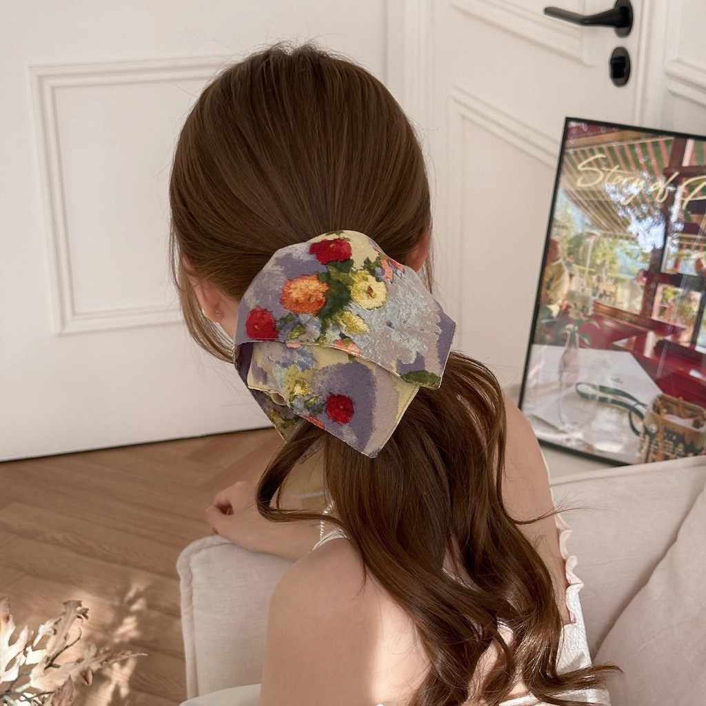 Scrunchies & Bow Hair Clip Oil Painting – Bộ Phụ Kiện Tóc Họa Tiết Hoa Sơn Dầu Nghệ Thuật