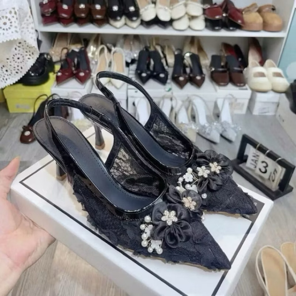 [D20] Giày VANA FASHIONSHOES , giày cao gót bản hoa ren nổi phối nơ cô dâu gót 7p,9p