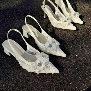 Giày VANA FASHIONSHOES , giày cao gót bản hoa ren nổi phối nơ cô dâu gót 7p,9p
