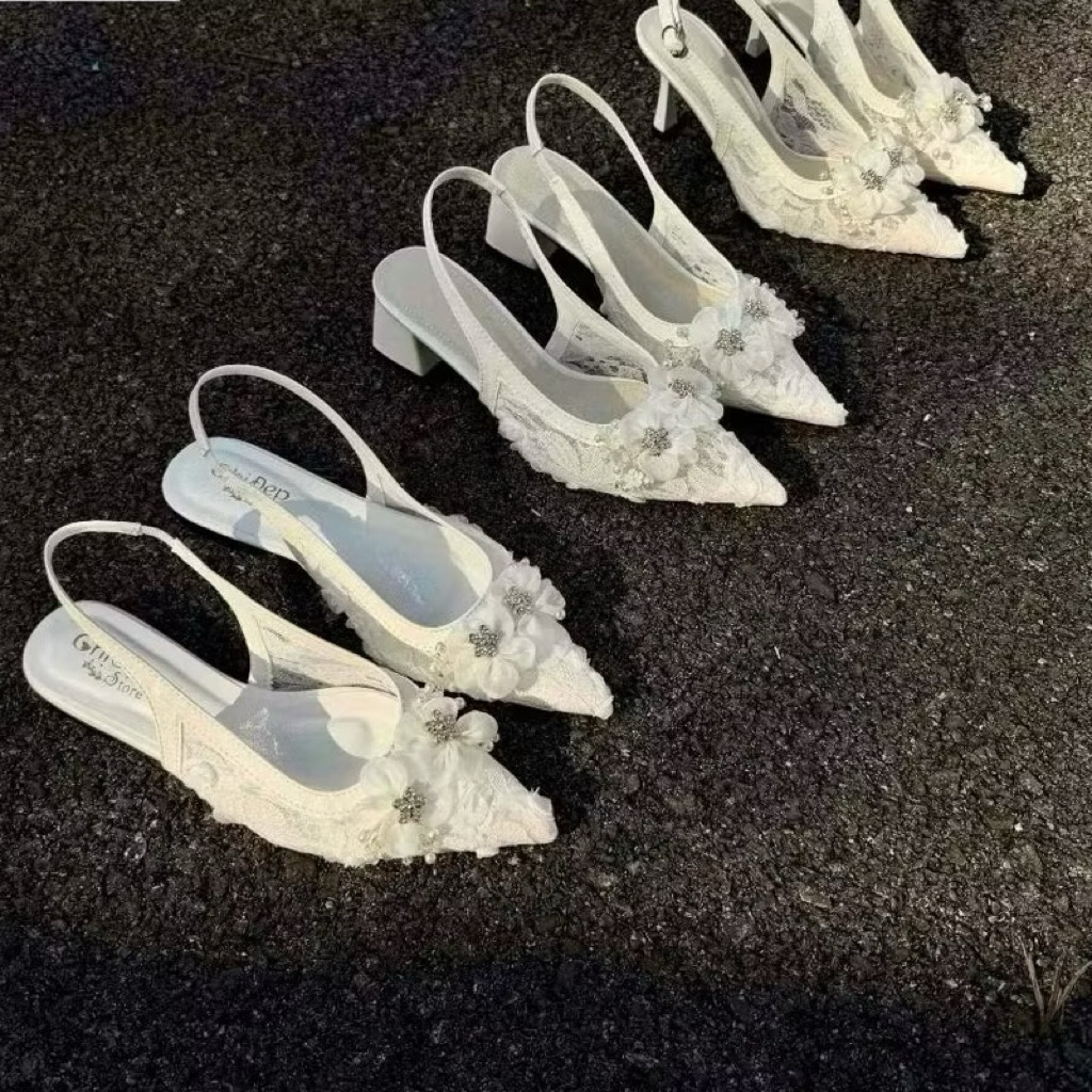 [D20] Giày VANA FASHIONSHOES , giày cao gót bản hoa ren nổi phối nơ cô dâu gót 7p,9p