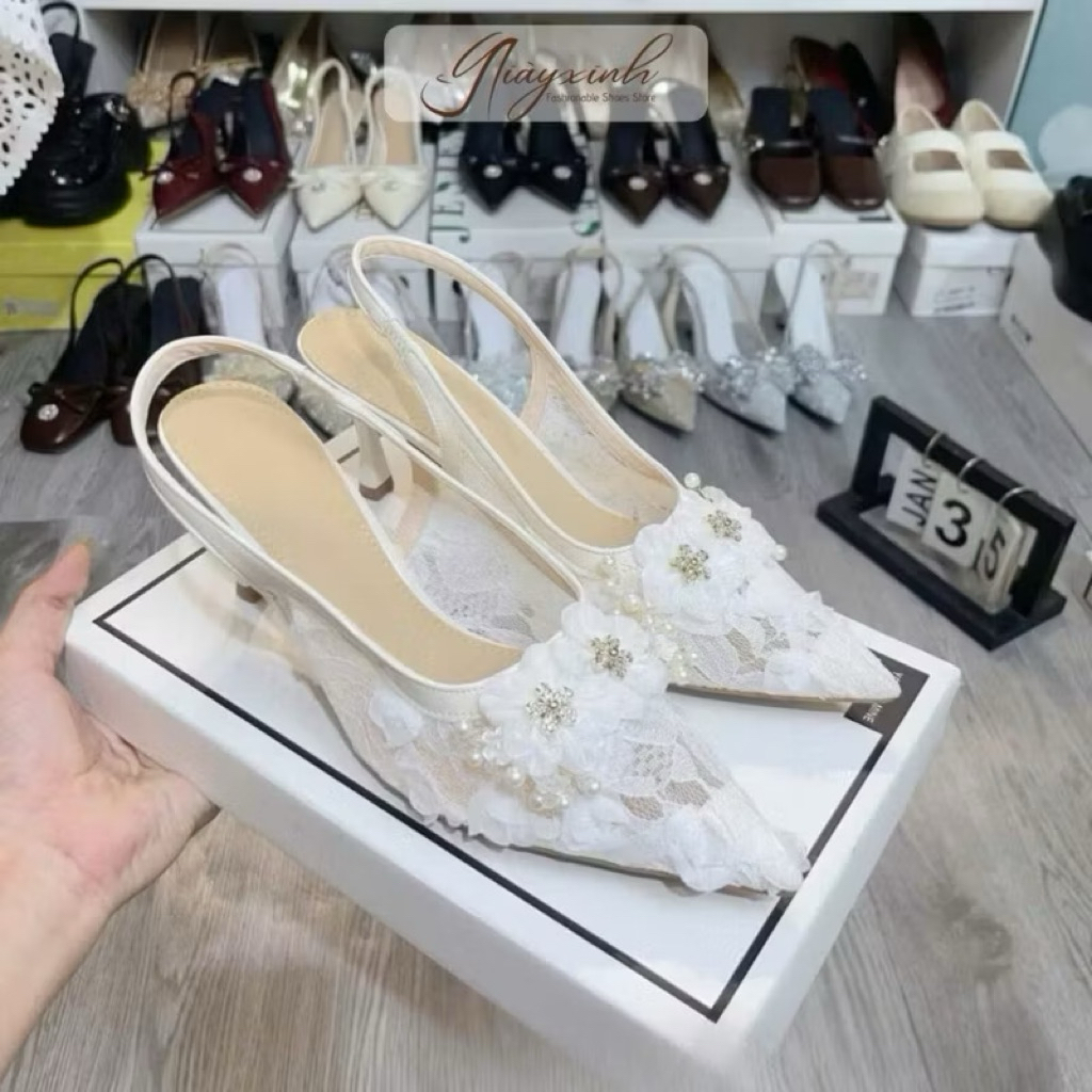 [D20] Giày VANA FASHIONSHOES , giày cao gót bản hoa ren nổi phối nơ cô dâu gót 7p,9p