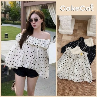 Áo Trễ Vai Babydoll Vải Voan Mát Họa Tiết Chấm Bi Tay Dài Dáng Bí Phồng Form Rộng Dễ Mặc Cakecat