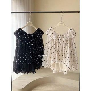 Áo Trễ Vai Babydoll Vải Voan Mát Họa Tiết Chấm Bi Tay Dài Dáng Bí Phồng Form Rộng Dễ Mặc Cakecat