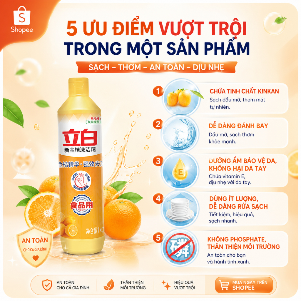 Nước rửa chén bát Liby 500g hương Kim Quất (Tắc), Nước rửa bát chiết xuất Vitamin E bảo vệ da tay khử mùi tanh