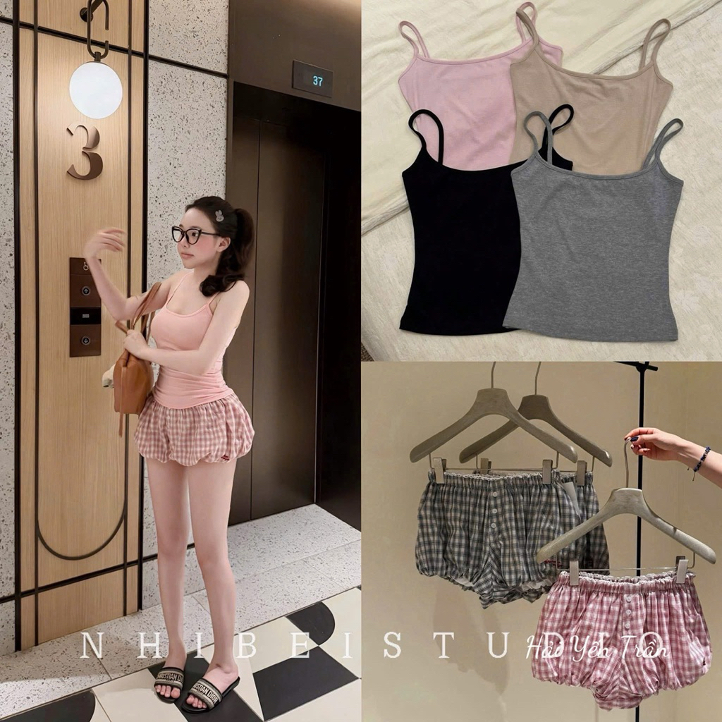 Set áo 2 dây quần kẻ bồng mát mẻ xinh quá