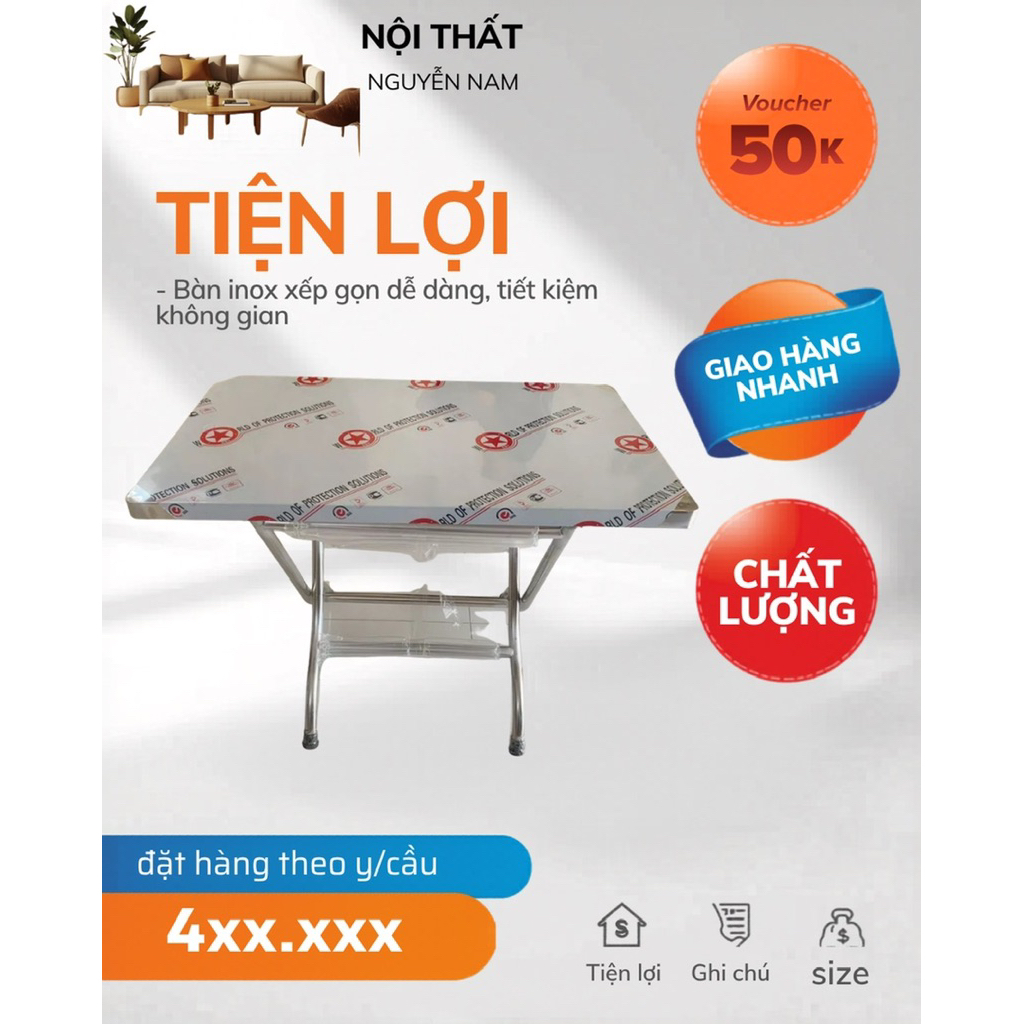 Bàn inox 201 chữ nhật xếp gọn tiện lợi