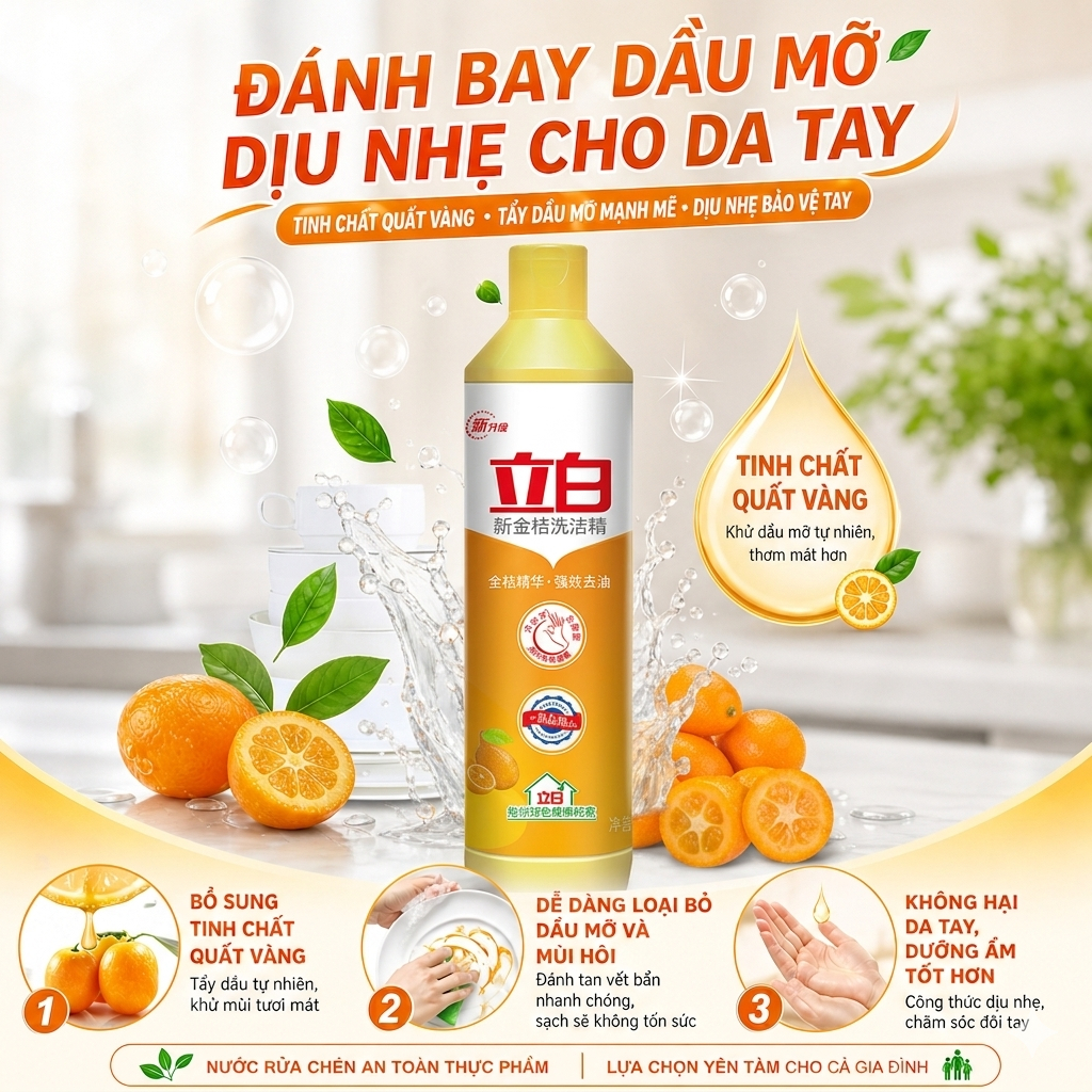 Nước rửa chén bát Liby 500g hương Kim Quất (Tắc), Nước rửa bát chiết xuất Vitamin E bảo vệ da tay khử mùi tanh