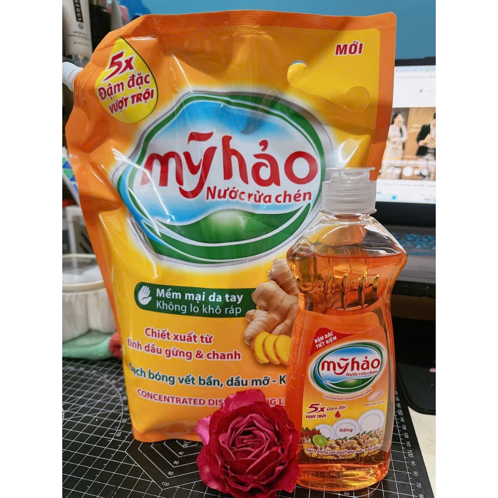 {1 tang 1 } Nước Rửa Chén Mỹ Hảo Khử Mùi Tanh Hiệu Quả Túi 3,3kg Hương Gừng Chính Hãng (tặng nrc gừng 390gr)
