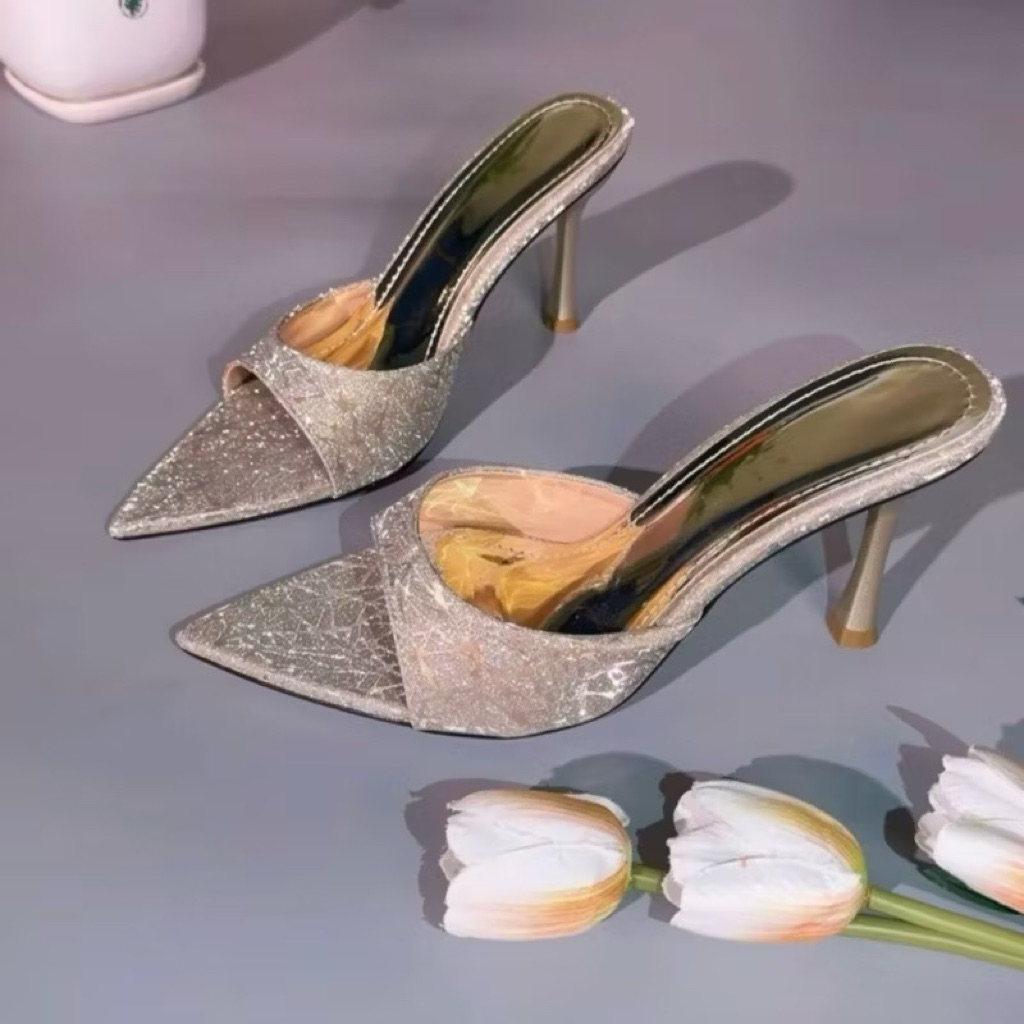 [D30] Dép cao gót VANA FASHIONSHOES  , sandal cao gót mũi nhọn đế đỏ chất kim sa gót nhọn 7p,9p