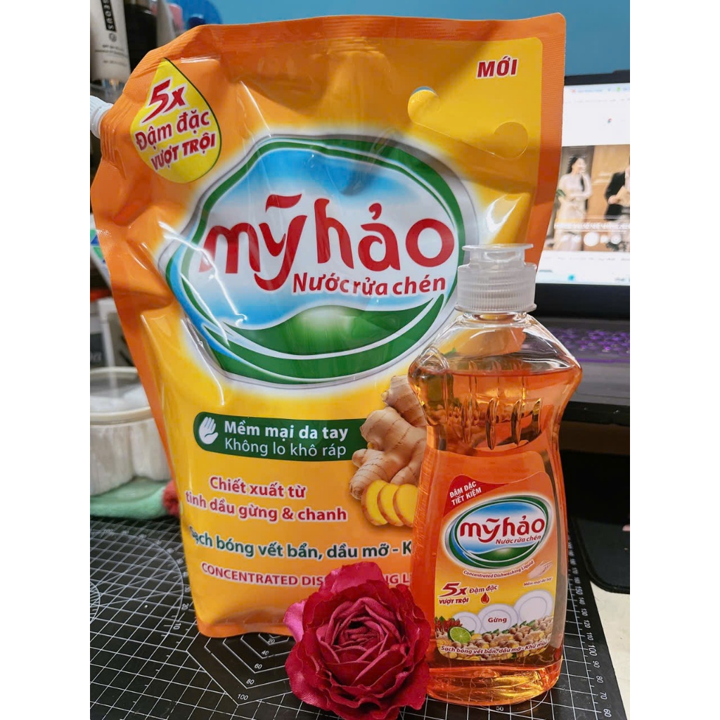 {1 tang 1 } Nước Rửa Chén Mỹ Hảo Khử Mùi Tanh Hiệu Quả Túi 3,3kg Hương Gừng Chính Hãng (tặng nrc gừng 390gr)