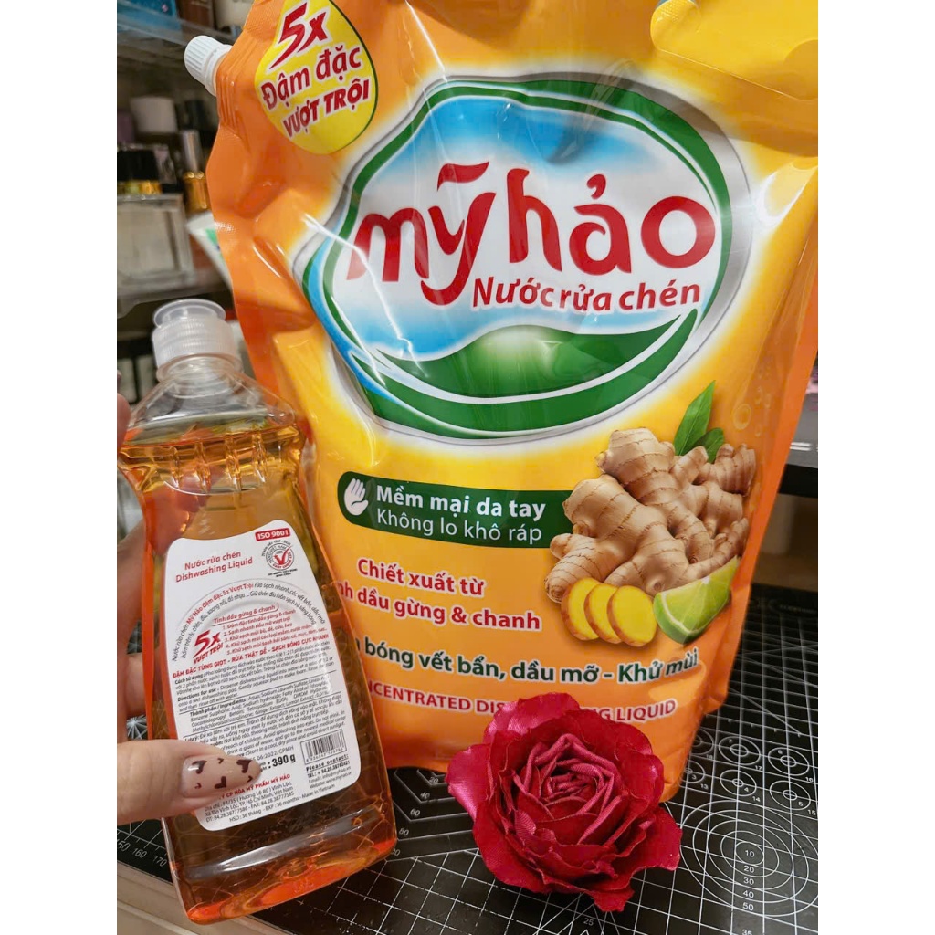 {1 tang 1 } Nước Rửa Chén Mỹ Hảo Khử Mùi Tanh Hiệu Quả Túi 3,3kg Hương Gừng Chính Hãng (tặng nrc gừng 390gr)