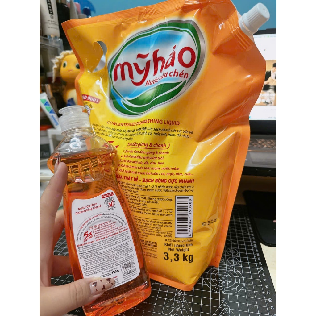 {1 tang 1 } Nước Rửa Chén Mỹ Hảo Khử Mùi Tanh Hiệu Quả Túi 3,3kg Hương Gừng Chính Hãng (tặng nrc gừng 390gr)