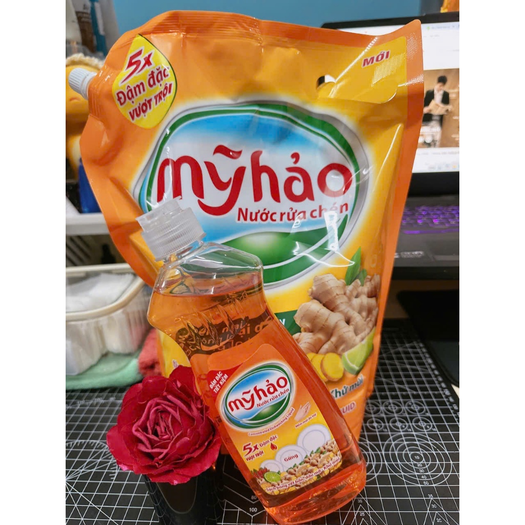 {1 tang 1 } Nước Rửa Chén Mỹ Hảo Khử Mùi Tanh Hiệu Quả Túi 3,3kg Hương Gừng Chính Hãng (tặng nrc gừng 390gr)