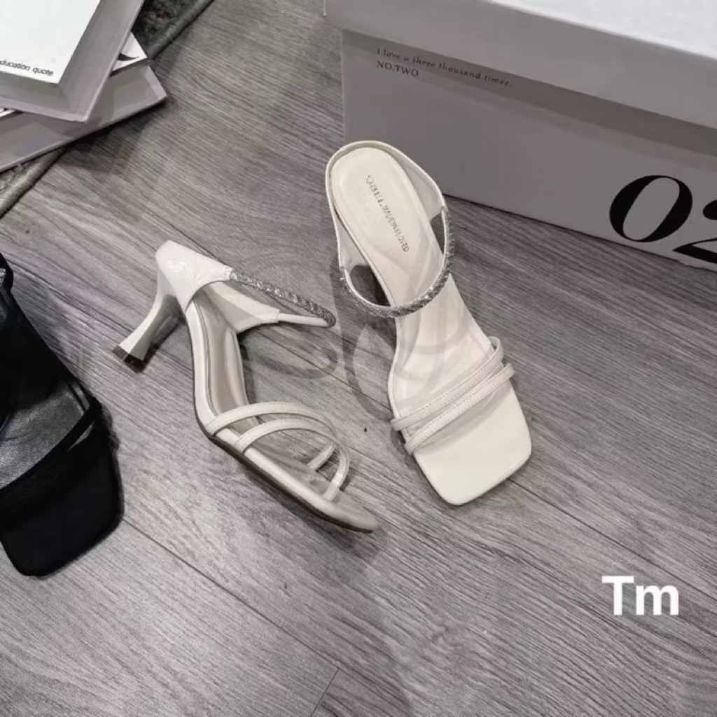 [D29] Dép CIN SHOES , sandal nữ quai mảnh phối hậu dây đá bling gót 7p