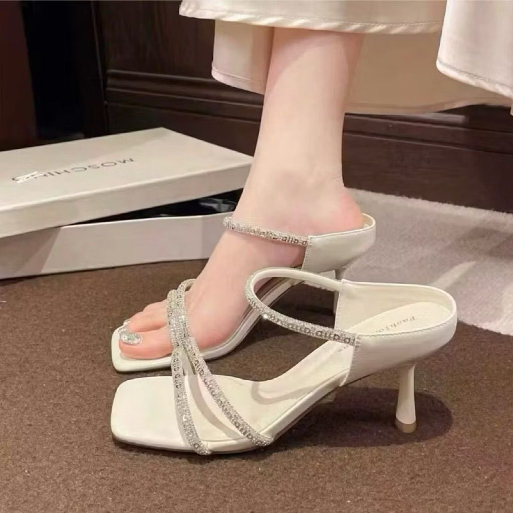 [D28] Dép cao gót CIN SHOES , sandal cao gót quai đá sáng chất da mịn gót 7p