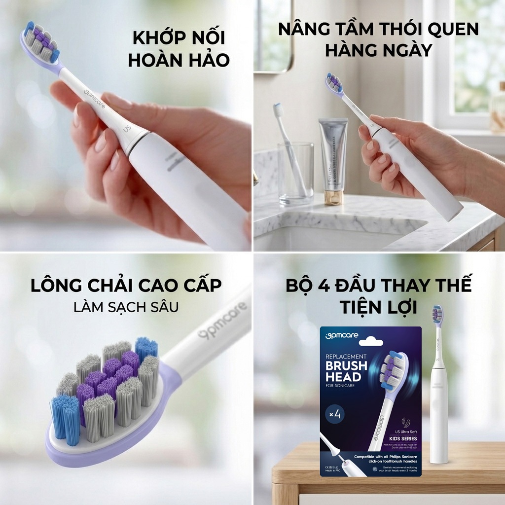 Đầu thay bàn chải điện 9PMCARE Ultra Soft Siêu Mềm - tương thích với Philips Sonicare