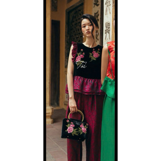 Sét áo nhung the phối tay bèo lụa thêu hoa + quần xuông lụa