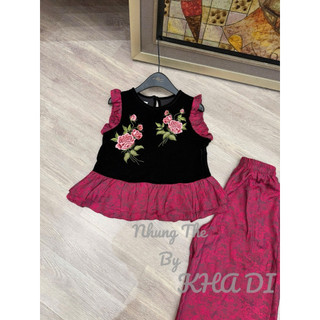 Sét áo nhung the phối tay bèo lụa thêu hoa + quần xuông lụa