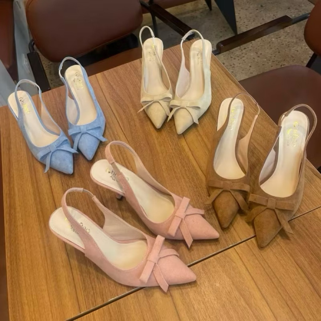 [D5] Cao gót nữ chất da lộn mềm đính nơ thắt gót nhọn 7p,9p VANA FASHIONSHOES