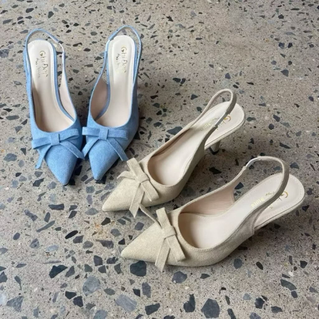 [D5] Cao gót nữ chất da lộn mềm đính nơ thắt gót nhọn 7p,9p VANA FASHIONSHOES