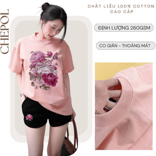 Bộ Áo Phông Nữ Chepol in Hoa, Cổ Tròn, Tay Ngắn, Phối Quần Đùi, Chất Cotton ( Áo Thun Hồng + Quần Đùi Đen )- CP_23090