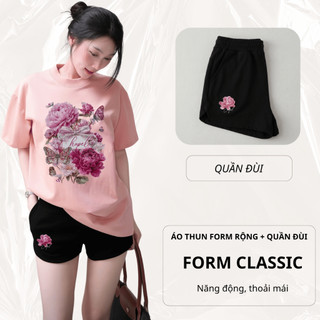 Bộ Áo Phông Nữ Chepol in Hoa, Cổ Tròn, Tay Ngắn, Phối Quần Đùi, Chất Cotton ( Áo Thun Hồng + Quần Đùi Đen )- CP_23090