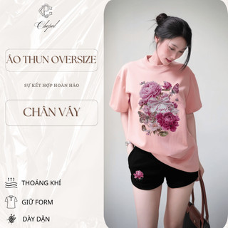 Bộ Áo Phông Nữ Chepol in Hoa, Cổ Tròn, Tay Ngắn, Phối Quần Đùi, Chất Cotton ( Áo Thun Hồng + Quần Đùi Đen )- CP_23090
