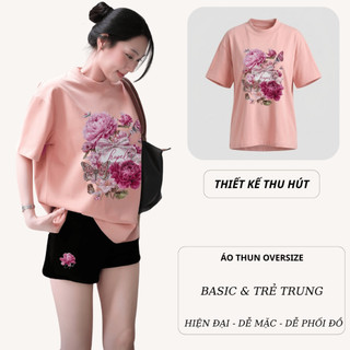 Bộ Áo Phông Nữ Chepol in Hoa, Cổ Tròn, Tay Ngắn, Phối Quần Đùi, Chất Cotton ( Áo Thun Hồng + Quần Đùi Đen )- CP_23090
