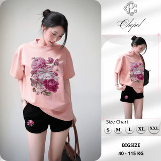 Bộ Áo Phông Nữ Chepol in Hoa, Cổ Tròn, Tay Ngắn, Phối Quần Đùi, Chất Cotton ( Áo Thun Hồng + Quần Đùi Đen )- CP_23090