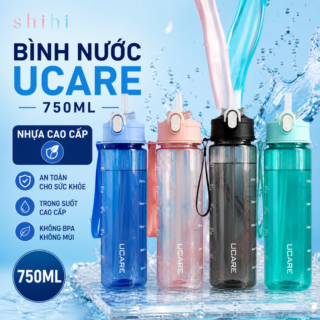[KM] Bình nước thể thao 750ml tiện lợi có dây cầm, đi học đi làm đi chơi